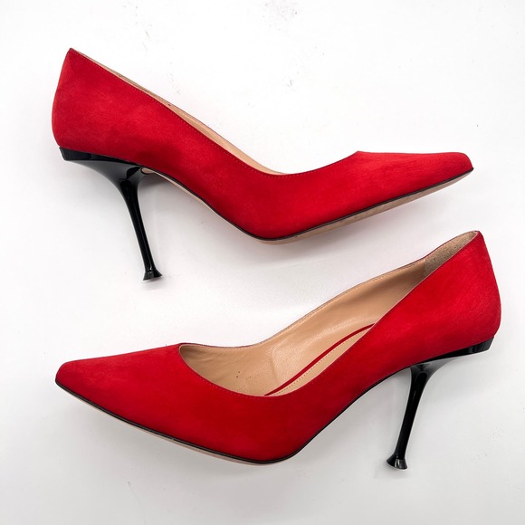 SERGIO ROSSI Shoes Womens 40 Red Suede Milano Pump Pointy Toe Heels Stiletto - Picture 6 of 13